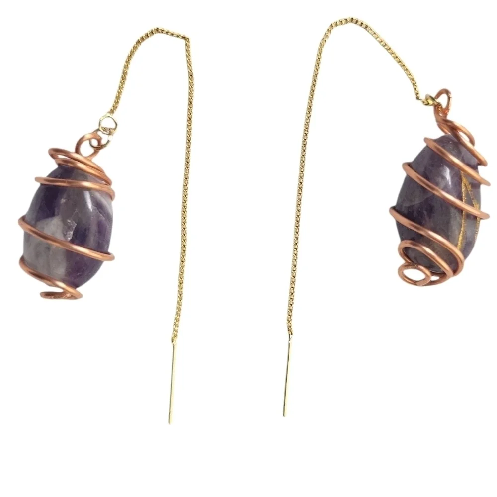 Amethyst Stud Earrings 18K Gold Plated Brass Copper Wire Wrapped Crystal Gemst
